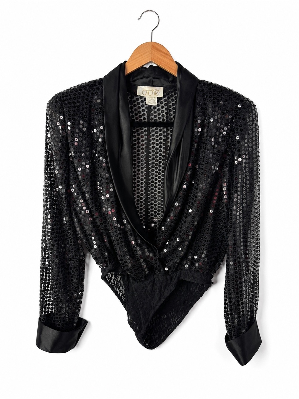 Cache Black Sequin Tuxedo Bodysuit Medium Vintage Satin Lapel Lace Glam Party